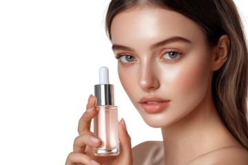 Woman holding serum bottle, glowing skin, beauty, skincare, skincare serum isolated on transparent png background