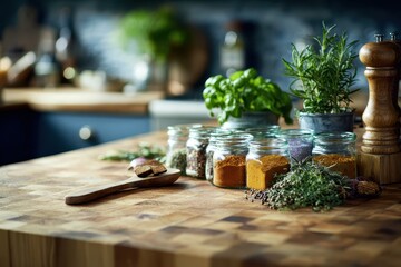Spices in jars ready to season food on a kitchen worktop for a cooking blog