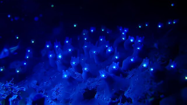 Glowing blue hydroid colony with bioluminescent spots in dark, underwater setting