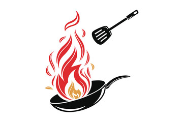 Silhouette of a cooking spatula above a frying pan with flames isolated on white background