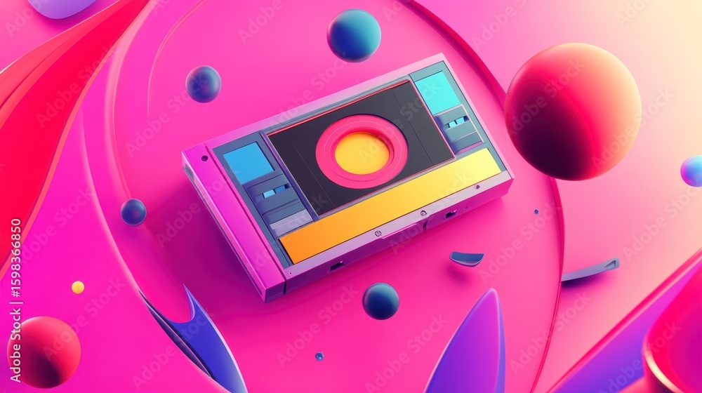 Poster retro cassette player with vibrant pink background and floating spheres.