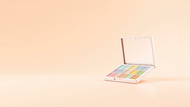 Pastel Hues An open eyeshadow palette with a mirror and an array of soft colors for makeup applications against a light peach background
