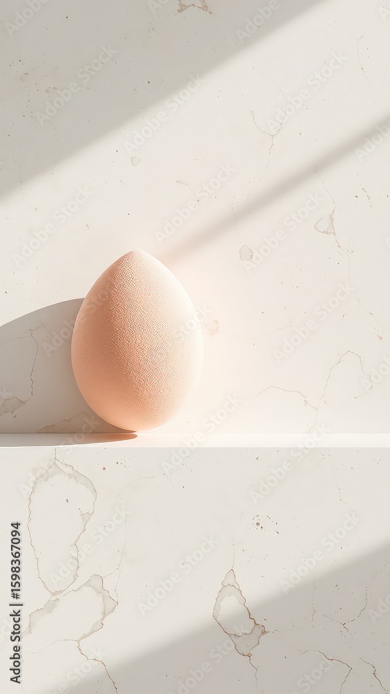 Poster single peach colored makeup sponge on a textured neutral surface with a soft shadow from a window cr