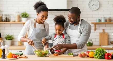Happy african american family cooking healthy food together in the kitchen