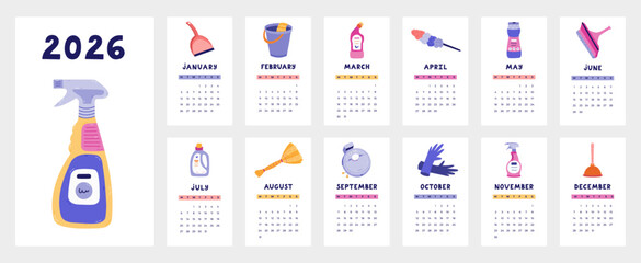 Lovely calendar template for 2026 year with detergent products, cleansing tools cartoon clipart. Calendar grid with weeks starts on Monday for company. Vertical housekeeping monthly calender layout.