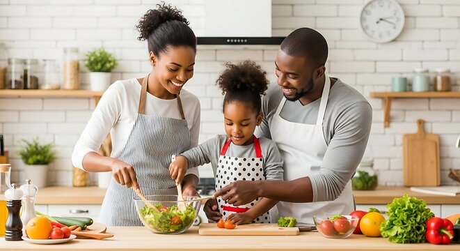 Happy african american family cooking healthy food together in the kitchen