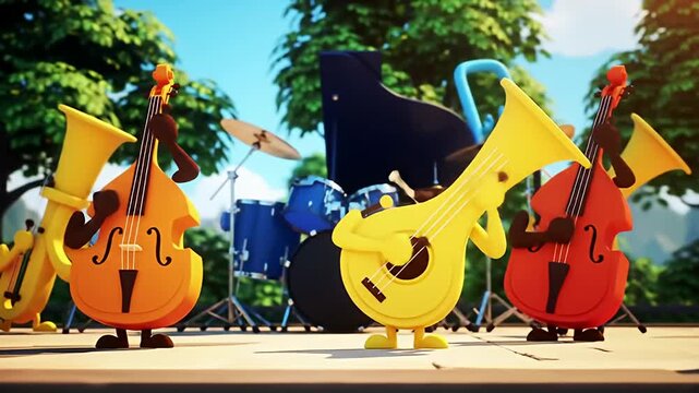 Musical instrument band of anthropomorphic instruments performing on a stage, cartoon style