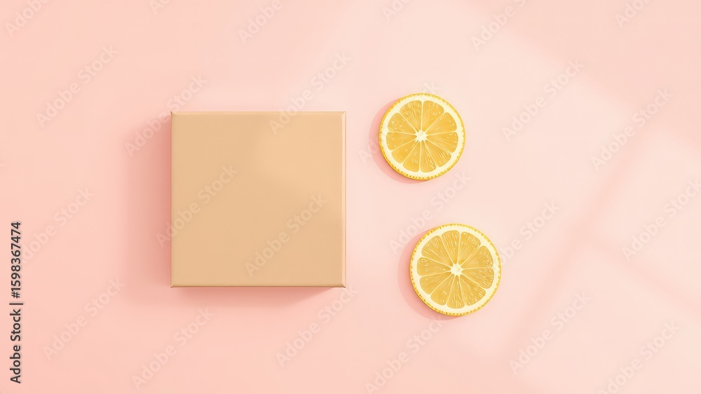 Poster minimalistic flat lay square package with yellow citrus fruit slices, pastel background, and soft wi