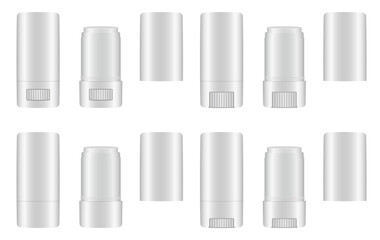 Mockup of thin open cosmetic sticks with rotating bottom wheel. Cosmetic tube. Face contouring pen, highlighter or bronzer. Concealer or foundation. White containers