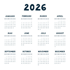 Lovely minimal calendar template for 2026 year with weeks starts on Monday. Black and white calendar grid with funky hand drawn font for child nursery, company, office. Square monthly calender layout