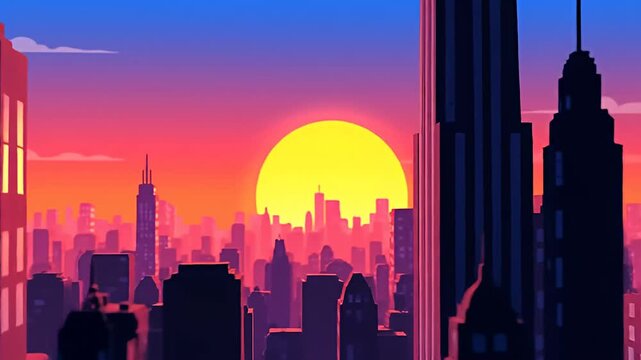 Sunrise over a cityscape, buildings silhouetted against a vibrant pink, orange, and yellow sky