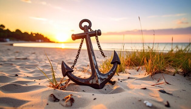 Una antigua ancla de hierro oxidado, parcialmente enterrada en la arena de una playa solitaria al atardecer