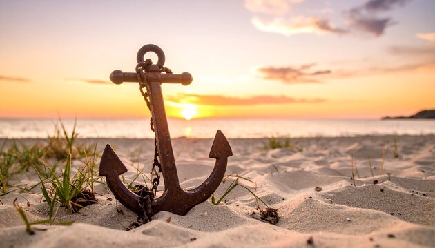 Una antigua ancla de hierro oxidado, parcialmente enterrada en la arena de una playa solitaria al atardecer