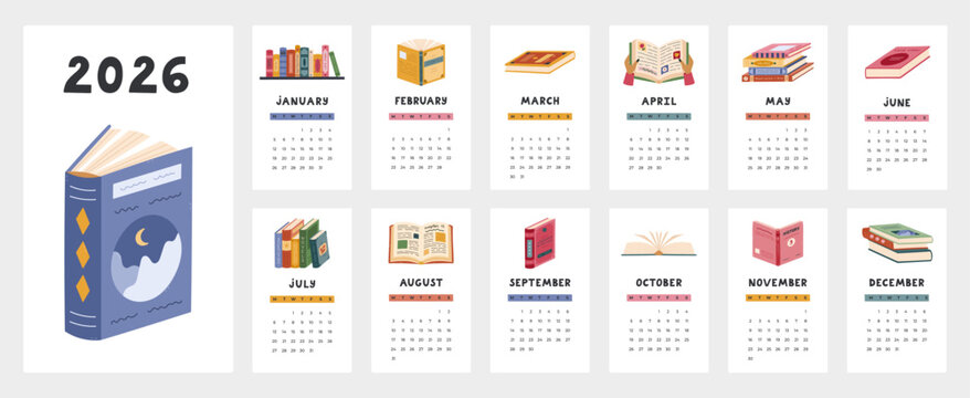 Lovely calendar template for 2026 year with reading, books, library cartoon clipart. Calendar grid with weeks starts on Monday. Vertical monthly calender layout with academic textbook, detective.