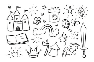 Fairytale Elements Doodle Art: A whimsical collection of hand-drawn fairytale elements come to life with playful artistry. Enchanting doodle art capturing the essence of fairy tales.