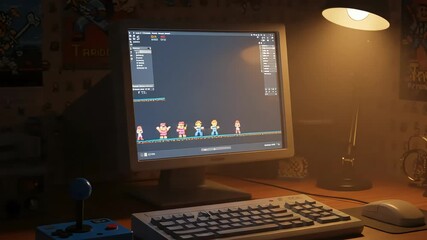 Retro Gaming Setup: A nostalgic glance into the world of retro gaming, showcasing a classic CRT monitor displaying a pixelated game scene under a warm, inviting desk lamp. A vintage keyboard. - Powered by Adobe