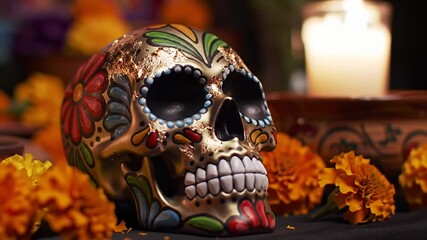 Ornate gold skull, decorated with colorful flowers, amidst marigolds and soft candlelight - Powered by Adobe