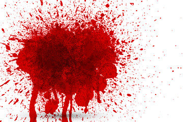 Realistic red blood splatter on white background, featuring chaotic droplets and stains. Perfect for horror, crime scenes, Halloween, or dramatic visual effects.