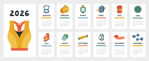 Lovely calendar template for 2026 year with workout and fitness cartoon clipart. Calendar grid with weeks starts on Monday for gym, corporate office, company. Cute vertical monthly calender layout.