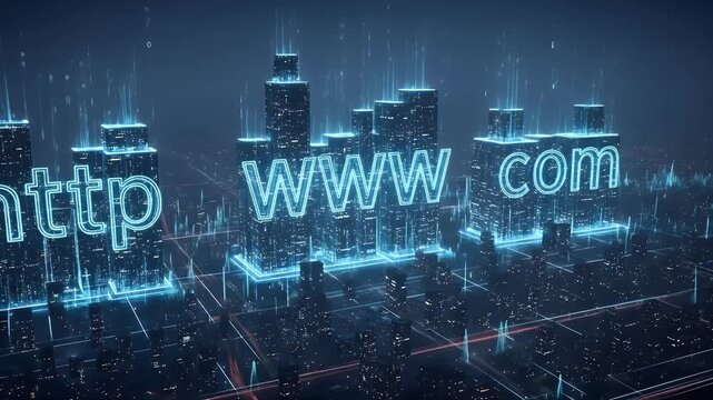 Futuristic cyber city with digital buildings shaped as http www com in neon nightscape