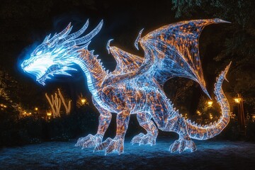 Majestic dragon illuminates the night sky with waves of light, transforming darkness into radiant day