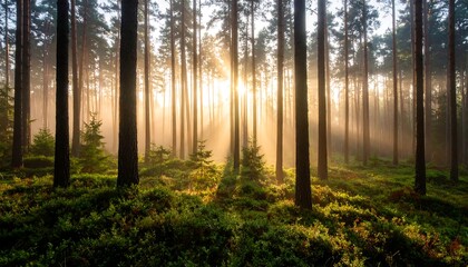 Golden sunlight streams through misty forest (1)