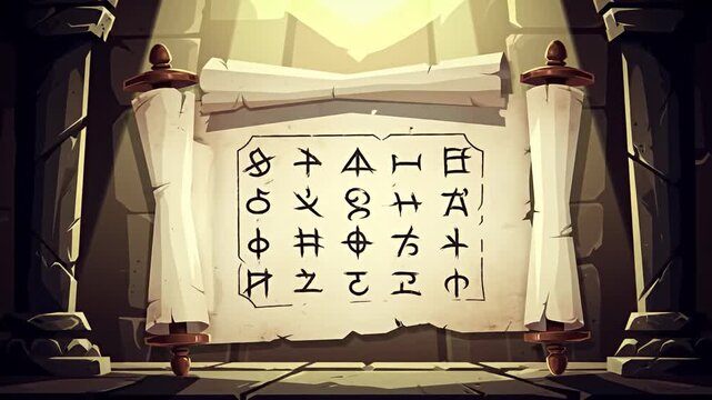 Illuminated ancient scroll, displaying cryptic symbols, stands in a stone chamber setting