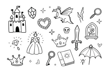 Obraz premium Enchanted Doodle Realm: A whimsical assortment of fairytale elements, sketched with playful lines, brings to life a world of magic and wonder.