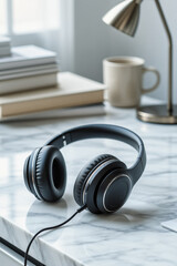 A pair of black headphones rests on a marble surface alongside books, a mug, and a lamp in a stylish workspace.