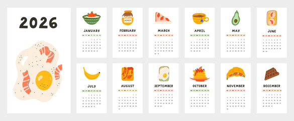 Lovely calendar template for 2026 year with breakfast, dinner, lunch cartoon clipart. Calendar grid with weeks starts on Monday for nursery, restaurant. Vertical monthly calender layout for schedule.