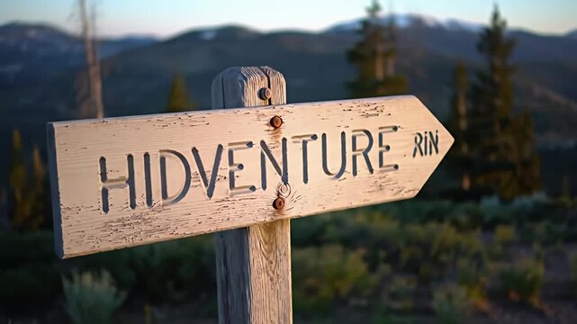 Wooden directional sign towards "HIDVENTURE RIN" in mountains