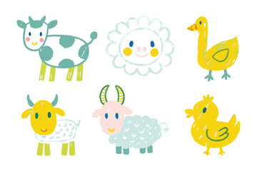 Naklejka premium Cute Farm Animal Cartoon Illustration: A delightful cartoon illustration of a cow, sheep, duckling, lamb, duck, and sun, perfect for playful projects.