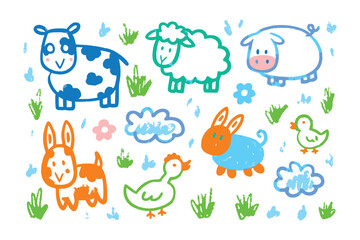 Cheerful Farm Animals: A vibrant and playful illustration of farm animals, each rendered in a cheerful crayon style, evoking a sense of fun and the simple joys of rural life.