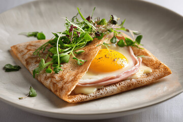 Elegant galette bretonne buckwheat crepe with ham, cheese, egg in Brittany