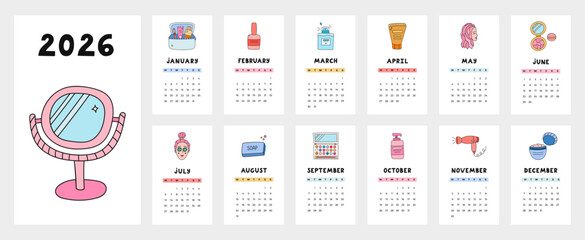 Lovely calendar template for 2026 year with beauty and skincare cosmetic cartoon doodle. Calendar grid with weeks start on Monday for kids nursery, corporate office. Vertical monthly calender layout
