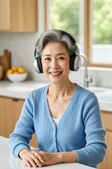 A smiling Asian senior woman wearing headphones sits in a modern kitchen, enjoying music or a podcast.