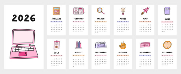 Lovely calendar template for 2026 year with business, finance, work cartoon clipart. Calendar grid with weeks start on Monday for home, corporate office. Vertical monthly calender layout for planning.