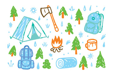 Camping Adventure Illustrated: A delightful illustrated scene of camping essentials, featuring a tent, backpack, campfire, axe and other equipment, embodying the spirit of outdoor exploration. 