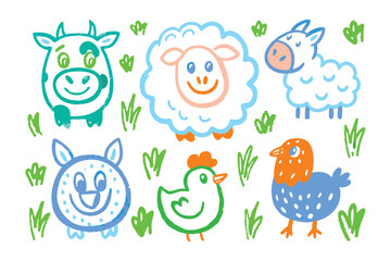 Naklejka premium Cute Farm Animal Illustration: Adorable farm animals rendered in a delightful crayon style, bring a touch of playful charm. The whimsical depiction sparks imagination and invites a sense of joy