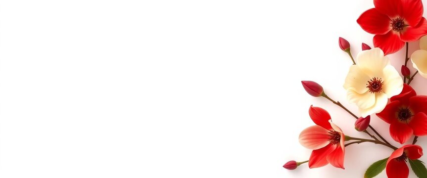 Elegant corner border of red and cream blooms on white, plant, graphic