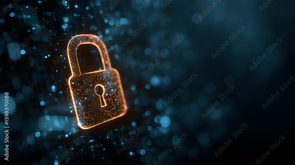 Poster cybersecurity. digital lock icon, cybersecurity tech network data protection, virtual dashboard. onl