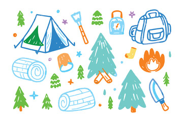 Camping essentials: Whimsical illustration captures the essence of outdoor adventures, featuring essential camping gear and nature elements.