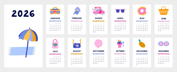 Lovely calendar template for 2026 year with tropical summer cartoon clipart. Calendar grid with week starts on Monday for kids nursery, corporate design. Vertical monthly calender layout for planning.