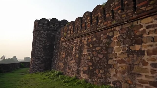 Weathered stone fortification with crenellations and a rounded tower on a grassy field
