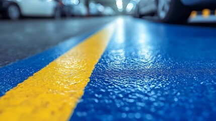 Close-up view of yellow parking lines on a textured blue floor.
