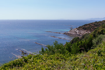 Verdant coastal scene revealing elba island's pristine shoreline, lush vegetation framing turquoise mediterranean waters against rocky tuscan landscape