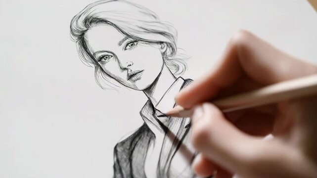 Frau im Anzug als elegante Bleistiftzeichnung auf Papier. K&uuml;nstliche Intelligenz KI