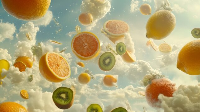 Citrus fruits and kiwis floating in a dreamy sky.