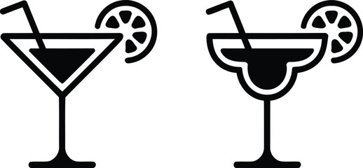 Cocktail Glass Icons with Straw and Citrus Garnish