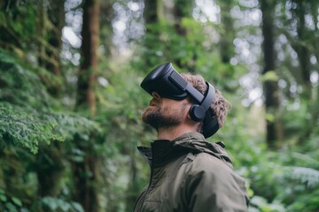 Obraz premium Man using virtual reality headset in a dense forest during a calm afternoon